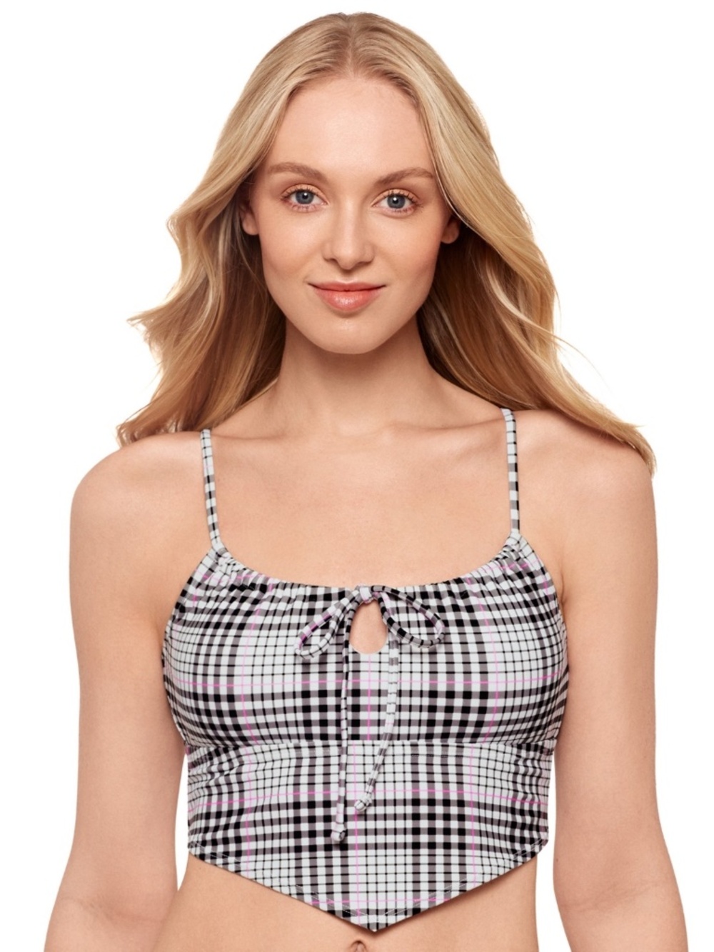 Salt + Cove Juniors' Plaid Tie-Front Tankini Top, Black/white
